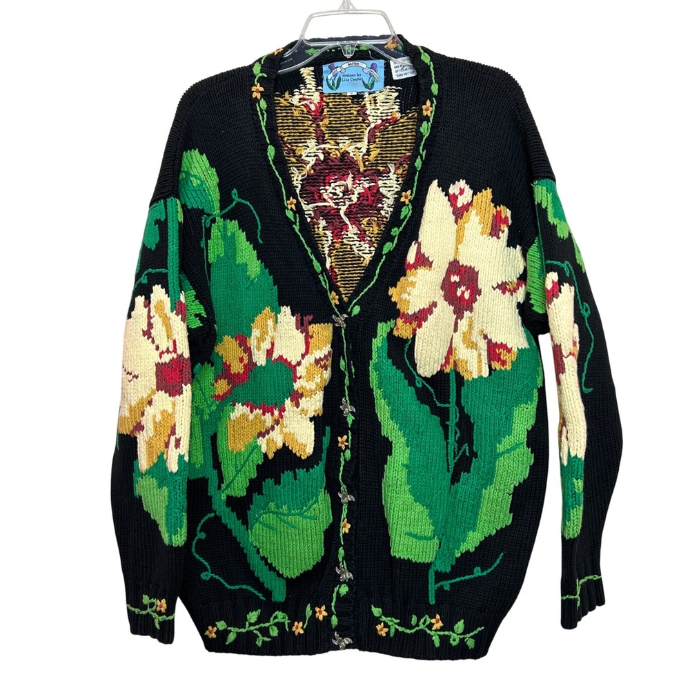 Just Better Sweaters Lisa Coufal Cardigan Womens 1 Black Floral Sunflower Knit